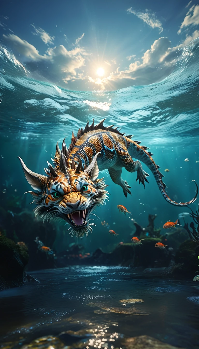 水中有一种Fantasy Creatures(best quality,4K,8k,High level,masterpiece:1.2),Ultra Detailed,(lifelike,Photo real,Photo real:1.37),Highly detailed animals,Complex patterns,Realistic lighting,Fantasy Creatures