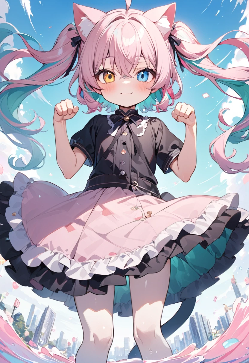 masterpiece, best quality, beautiful, 8K, highres, ,1girl, kemono, delightful, smiling,looking at viewer, medium hair, wave hair, hair between eyes, ahoge,twintails, wavy hair, shiny hair,pastel pink hair,aqua hair,colored inner hair, streaked hair, colored , heterochromia.golden eyes, with sparkling eyes, big eyes, wide-eyed, pale skin, fair skin, shiny skin, detailed skin, pale skin, chibi, short sleeves,slim, frilled clothing, skirt, smaller face, with cat ears, cat tail, cute face, 10-year-old, green background, kawaii, cute, chibi, chibi anime, front view, dynamic angle,paw pose, wide view, wide shot, intense wide shot,golden ratio,architectural photograph,urbanscape,grim reaper,hold on scythe,