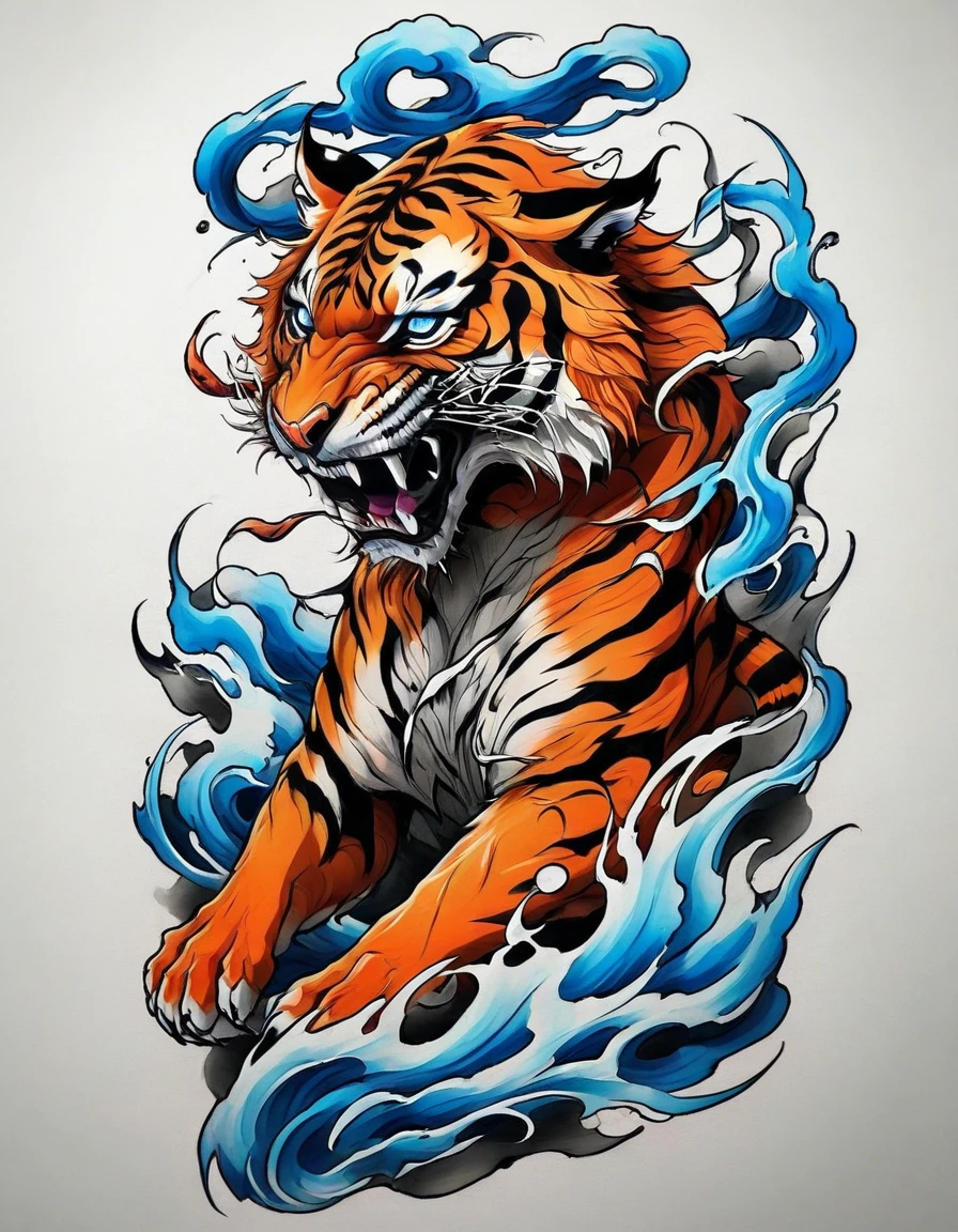 ((solo Tiger)), Traditional Japanese tattoo design, realistic tattoo art of Orange tiger with Blue eyes, he is with open mouth looking very fierce and angry, the background is Japanese wave tattoo with with pink sakura petal effect, (Unity 16K Wallpaper, masterpiece, Best Quality, high quality, Ultra-detailed, extremely details), ((solo Tiger)), Traditional Japanese tattoo design, realistic tattoo art of Orange tiger with Blue eyes, he is with open mouth looking very fierce and angry, the background is Japanese wave tattoo with with pink sakura petal effect, 
