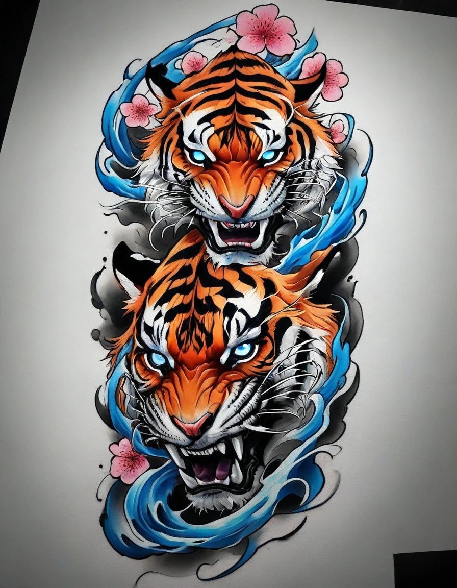 ((solo Tiger)), Traditional Japanese tattoo design, realistic tattoo art of Orange tiger with Blue eyes, he is with open mouth looking very fierce and angry, the background is Japanese wave tattoo with with pink sakura petal effect, (Unity 16K Wallpaper, masterpiece, Best Quality, high quality, Ultra-detailed, extremely details), ((solo Tiger)), Traditional Japanese tattoo design, realistic tattoo art of Orange tiger with Blue eyes, he is with open mouth looking very fierce and angry, the background is Japanese wave tattoo with with pink sakura petal effect, 
