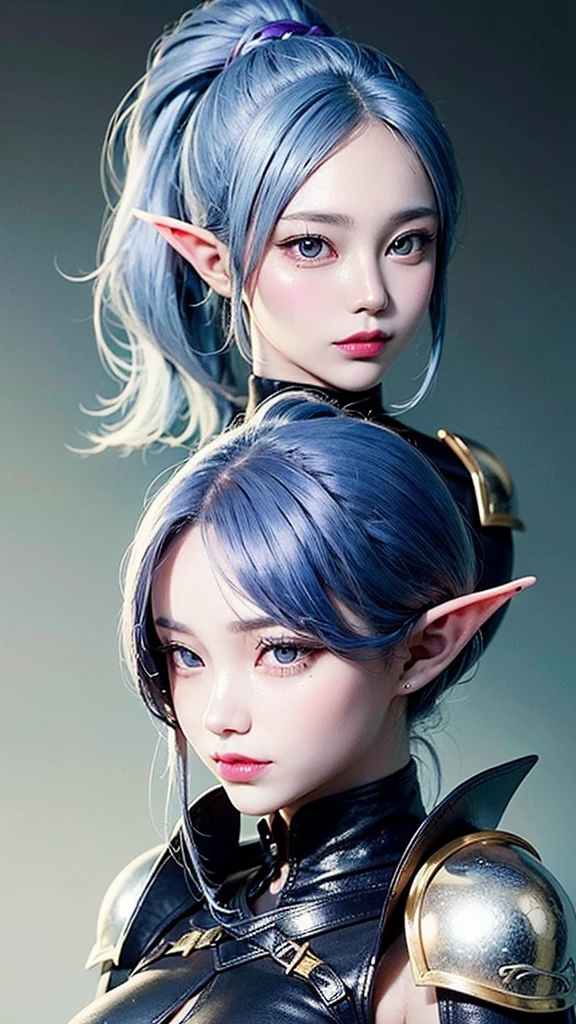 a beautiful detailed blue-skinned elf girl with blue-grey hair tied up in a high ponytail,extremely detailed eyes,beautiful detailed purple eyes,beautiful detailed lips,wearing leather armor,action pose,fantasy,fantasy character,high quality,8k,ultra-detailed,photorealistic,photo-realistic,physically-based rendering,vivid colors,dramatic lighting