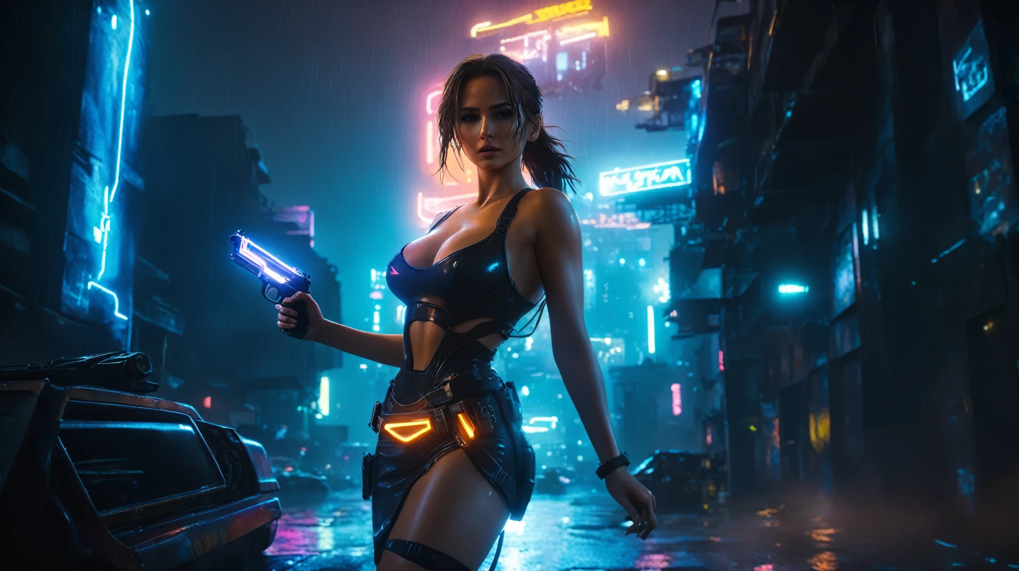 (aerial view, a flying cars docking platform, a very dark abandoned futuristic city, neon lights), rainy night. A girl as Lara Croft, solo, alone, large-breast:1.2 slim body, cleavage:1.1, sexy wind blowing wet dress:1.4, (headphone, black sunglasses), (((((she raised:1.8 a pistol:1.8 and took aim at viewer))))), dynamic pose, (((half-body thigh level medium shot))), cinematic lighting, lens flare, ray tracing.