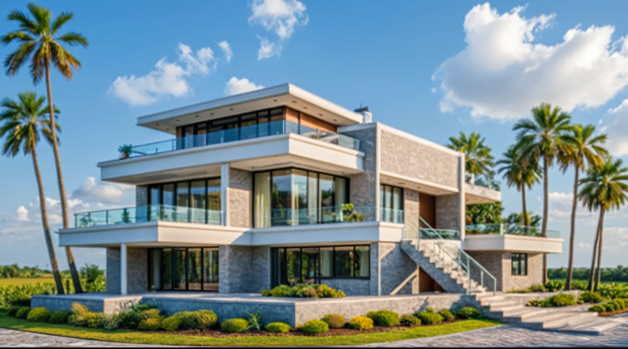 Masterpiece, high quality, best quality, authentic, super detail, outdoors, onestoreyvillaXL, aiaigroup, house style modern on the street ,stairs, white wall ,road,pavement, grass, trees, sky, cloud, (daylight:1.1)
