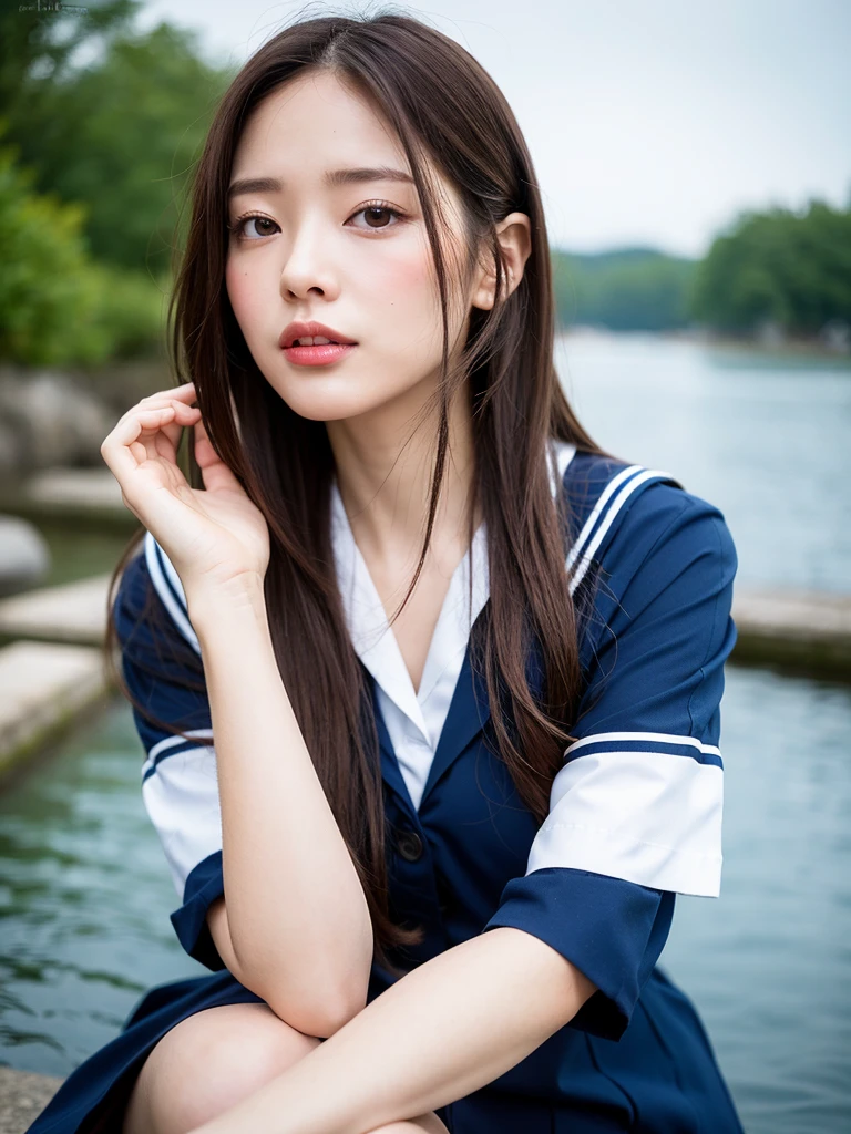 Mature Young,Erotic style,very cute,whole body,Beautiful and soft skin、Perfect Face、Gorgeous long brown hair,8k resolution,Ultra-realistic,Very detailed,high quality,Fashionable erotic beautiful immature woman ,Sailor suit、(Look at the viewers)