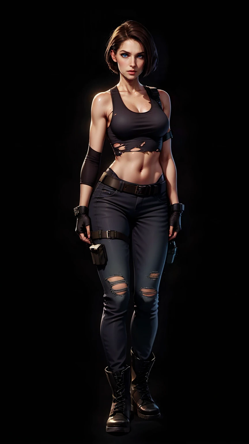 JillValentine, (torn tank top:1.2), small breast, pants, belt, fingerless gloves, shoulder holster, thigh strap, combat boots, (full body), ((wipe hips)), (masterpiece, best quality:1.2), (simple dark background:1.5), comic style
