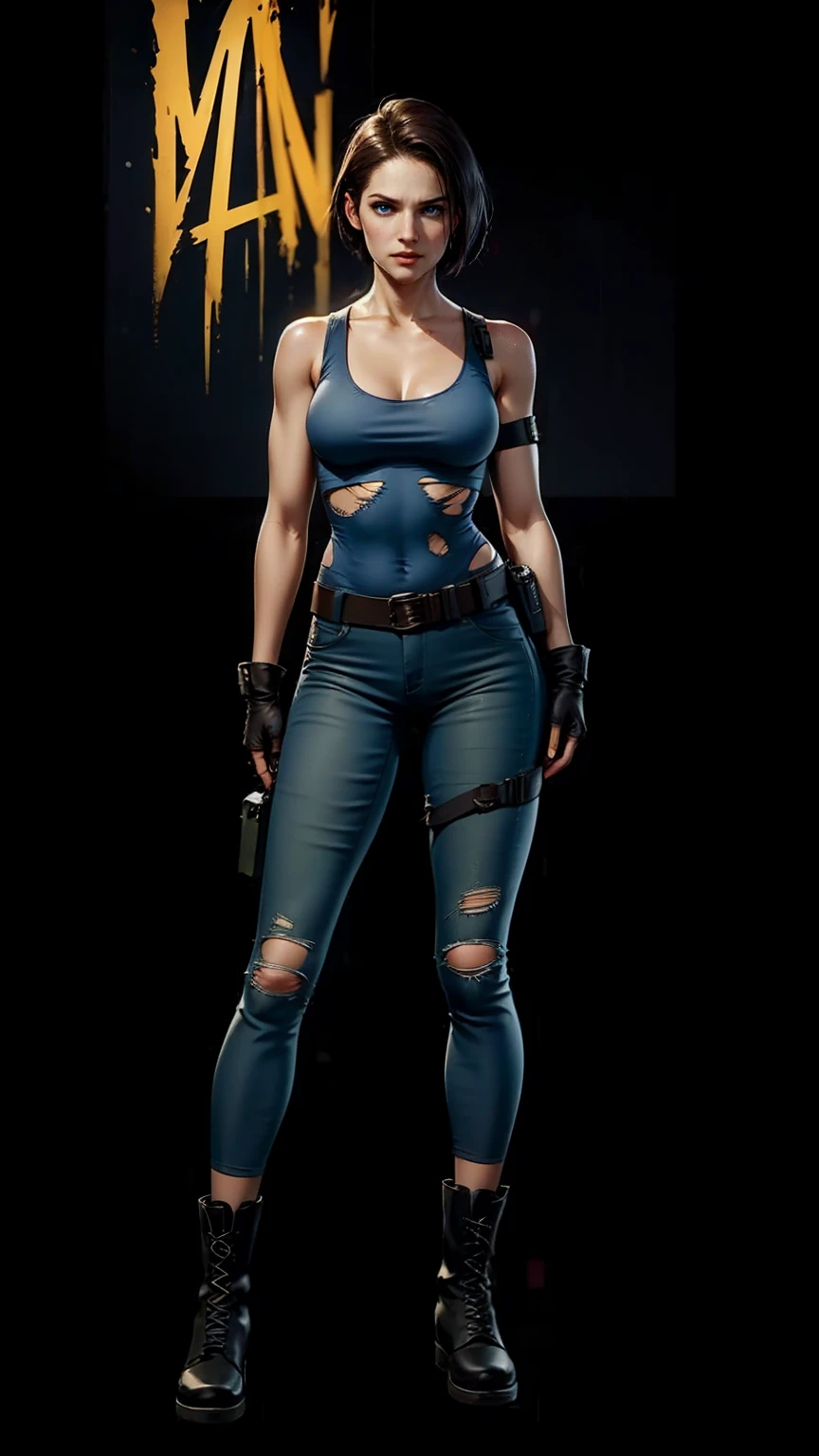 JillValentine, (torn tank top:1.2), small breast, pants, belt, fingerless gloves, shoulder holster, thigh strap, combat boots, (full body), ((wipe hips)), (masterpiece, best quality:1.2), (simple dark background:1.5), comic style
