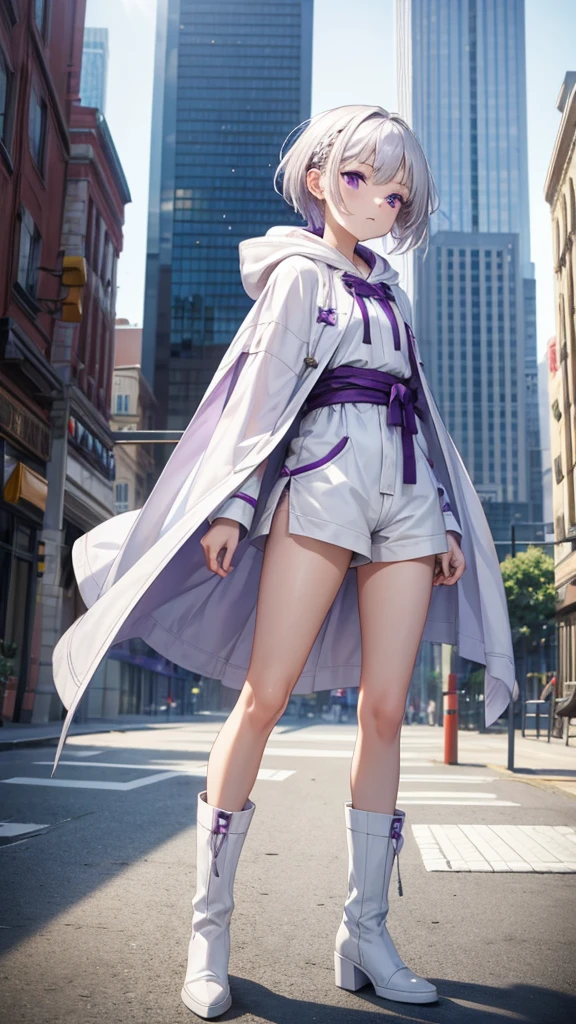 Girl with white short hair and double braids,Purple Eyes,hood,White Robe,small shorts,Bare Legs,boots,Standing,City