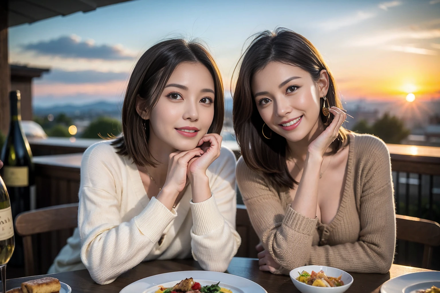 (Realistic:1.1),(masterpiece,Highest quality),8k,(40 years old), 42 years old, slimカップル、Model Couple、actress/actor、Tight waist,Upper Body,full-course dinner、wine 、Amazing view of the sunset sky and clouds、Perfect Anatomy, Brown Hair, short hair,Random Hairstyles,((Highly detailed face and eyes:1.2))(cute顔:1.4),美しいactressの顔,Perfect golden ratio face,Long sleeve shirt、dress,(smile:1.2)、Shortcuts、cute、(Realistic, Intricate details:1.2), A bright smile、short hair,Bright Face、赤wine 、Appetizers、Italian food、wine bottle、Champagne、スパークリングwine、(slimな顔), (The body is slim), (Brown Hair), (Shortcuts), Upper Body, 白wine, slim, wineグラス,