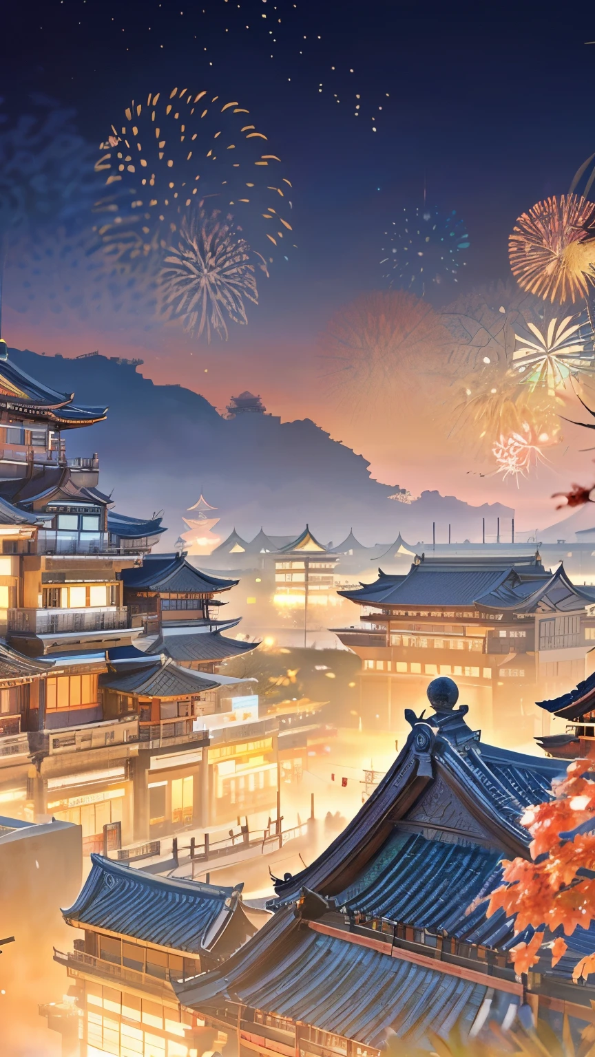Anime scene with a woman in kimono and fireworks in the background, 受吉田半兵卫启发的Concept Art, Pixiv competition winner, Concept Art, Onmyoji detailed art, 传统日本Concept Art, Colorful Fox City, Background artwork, 动漫风景Concept Art, Beautiful rendering of the Tang Dynasty, Onmyoji, A beautiful artistic illustration