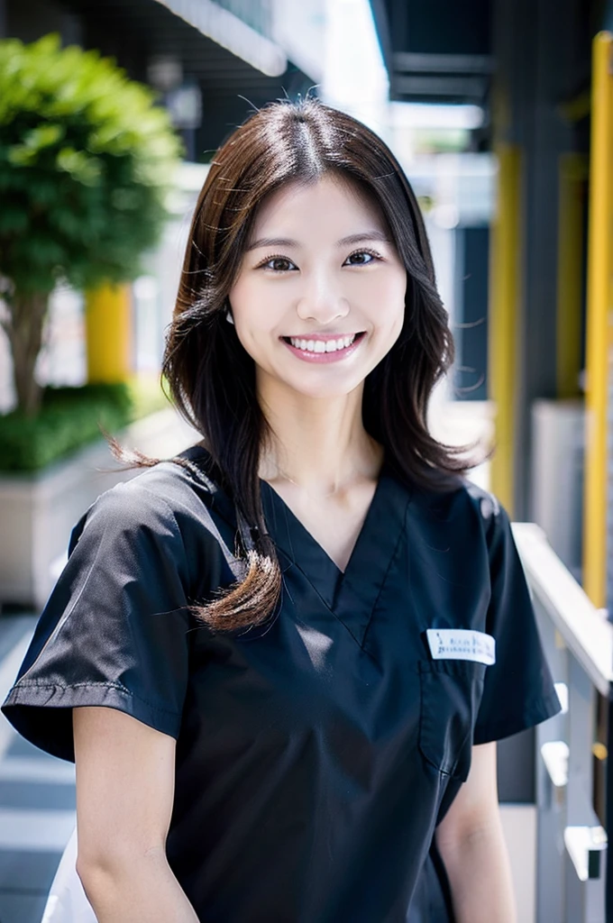 All dental hygienists wear black medical scrubs Short sleeves, Japanese, black hair, two women in their early 20s Main upper body smile Shooting outside Black Everyone wears the same clothes