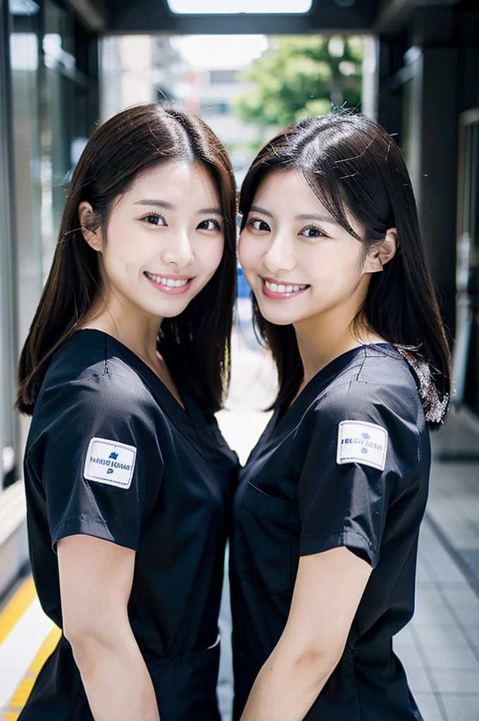 All dental hygienists wear black medical scrubs　Short sleeves, Japanese, black hair, two women in their early 20s　Main upper body　smile　Shooting outside　Black　Everyone wears the same clothes
