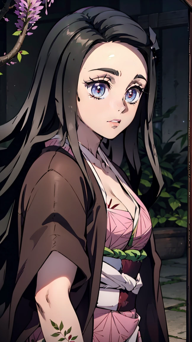 woman, adult girl, Real Photos、girlка демон, Focus on the eyes, tears of joy, stupidly, night, grin, demonic smile, beautiful, Blinding smile, very sweet, Kimano, girl, top quality изображения、character design of Nezuko from Demon Slayer, chedevr, (pink kimono), seductive face, kamado stupidly、Demon kamado stupidly、Ancient Japan, charm of kamado stupidly, leaf tattoos, tattoos pierce the whole body, finely detail, chedevr, Shining eyes, 1girl in, Dark-haired, , kamado stupidly, wisteria background, chedevr, top quality,