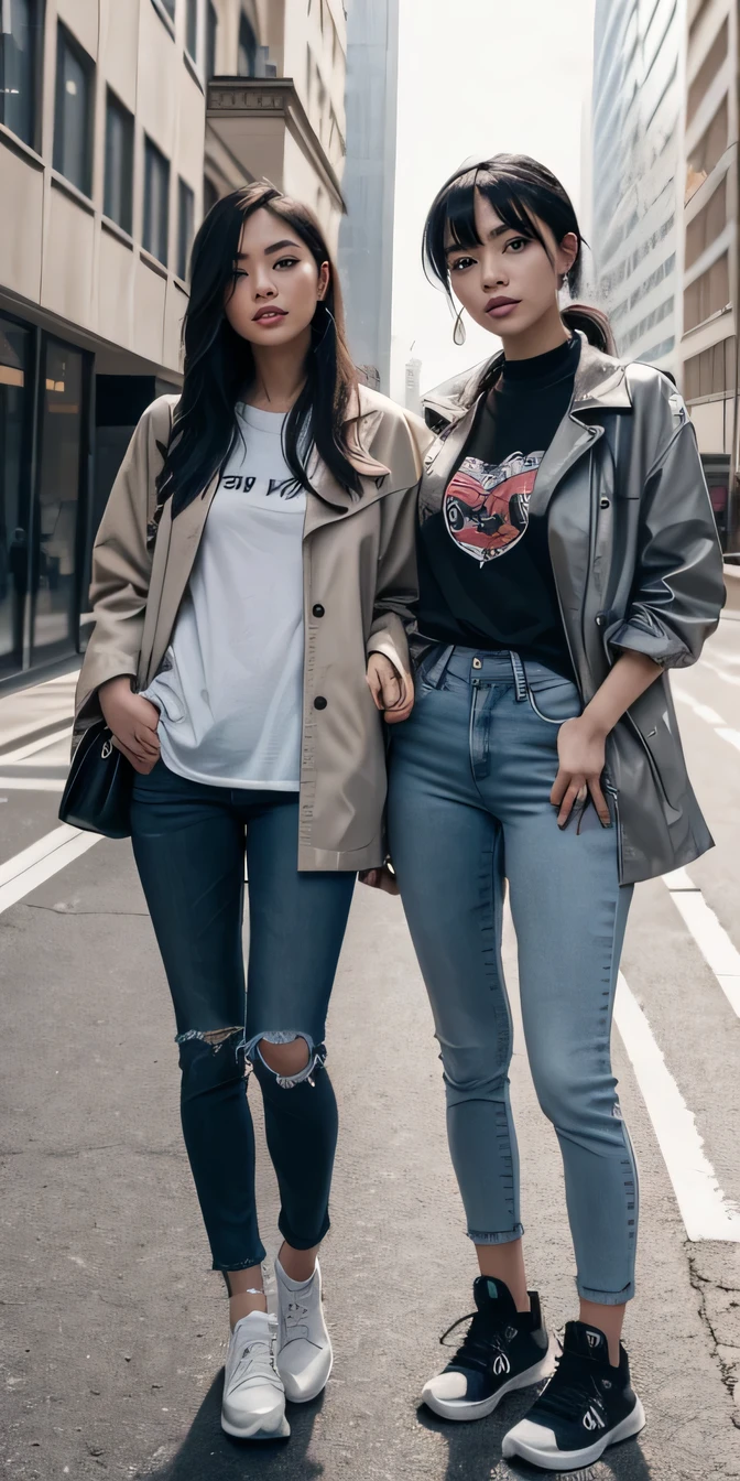 Two women standing side by side、（Full body photo）（Head to toe）Black Hair 、Ear piercing、White T-shirt, Grey coat, Skinny jeans、boots、One is wearing sneakers、、smile、, The background is the building&#39;s corridor..

