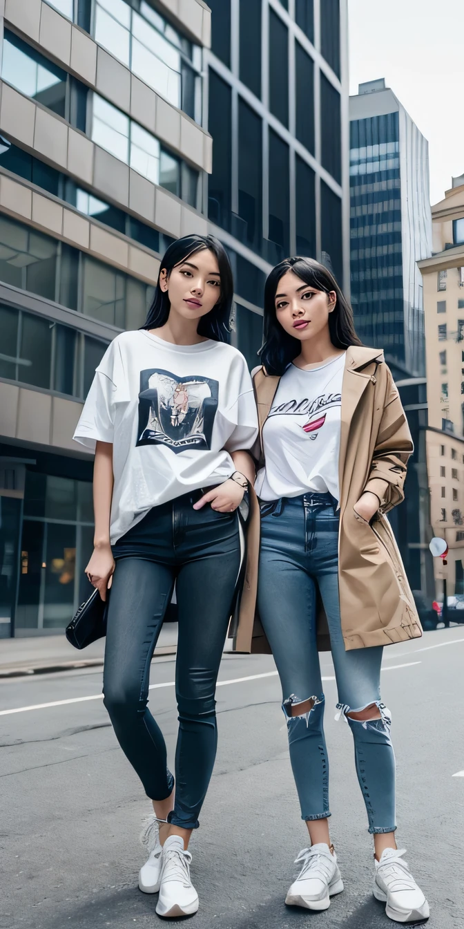 Two women standing side by side、（Full body photo）（Head to toe）Black Hair 、Ear piercing、White T-shirt, Grey coat, Skinny jeans、boots、One is wearing sneakers、、smile、, The background is the building&#39;s corridor..

