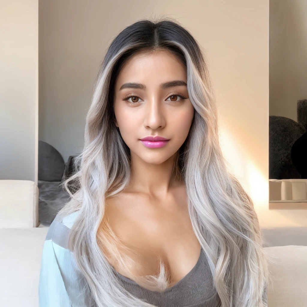 An image of a beautiful of a 20 year old Arabian exotic Instagram model, taken with iphone camera, medium shot selfie of a pretty young woman, (ombre:1.3) vibrant silver/white dyed hair bright, ambered-colored eyes, film grain, best quality, shoulder-length hair, featuring a beautiful light-colored silver white hair style, and she is wearing a gray top with a high neckline. Standing in the living room. Nice lips.