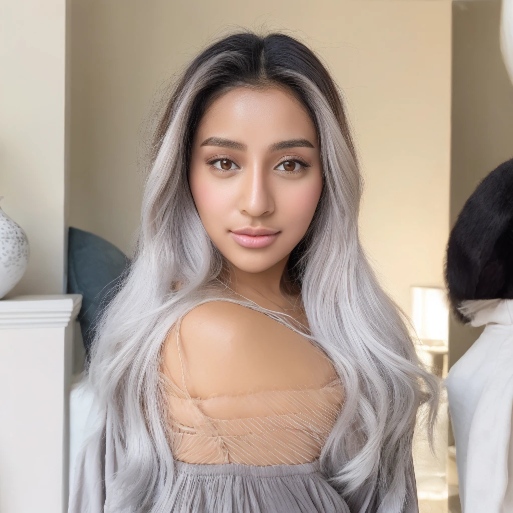 An image of a beautiful of a 20 year old Arabian exotic Instagram model, taken with iphone camera, medium shot selfie of a pretty young woman, (ombre:1.3) vibrant silver/white dyed hair bright, ambered-colored eyes, film grain, best quality, shoulder-length hair, featuring a beautiful light-colored silver white hair style, and she is wearing a gray top with a high neckline. Standing in the living room. Nice lips.