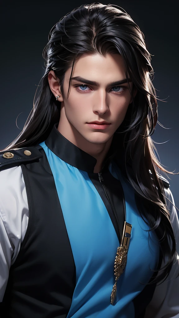 a close up of a man with long hair and blue eyes, digital art by Bernardino Mei, tumblr, digital art, handsome stunning realistic, handsome male, attractive male, wonderful dark hair, beautiful male face, beautiful young man, long dark hairs, with long hair and piercing eyes, shoulder-length black hair, handsome face, young with long hair, perfect handsome face, low long ponytail, jewelry, ((police uniform)),  gun in the hends, dark night city, tall attractive boy