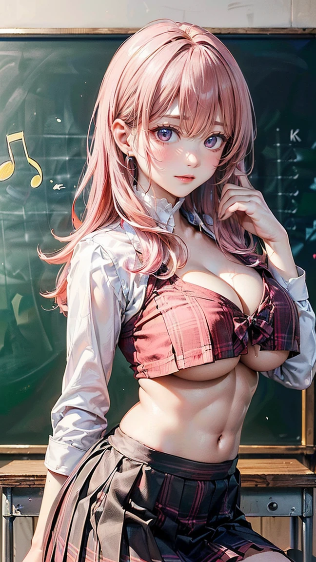 ((Highest quality, 8k, masterpiece :1.3)), (Sharp focus :1.2, Beautiful woman with perfect figure :1.4, Slim Abs :1.2), ((Big Breasts, Emphasize cleavage, The underboob is visible:1.3)), (Photorealistic:1.4), (realistic:1.4), (Pink Hair:1.5), Highly detailed face and skin texture, Fine grain, double eyelid. Makeup face, A little bit of lipstick, sex appeal, Sexy gravure pose, ((She wore a white blouse and a red checked pleated skirt.、A high school girl with long black hair、Posing sexy in front of the classroom blackboard。In the background, musical notes can be seen written on a blackboard.。:1.3)