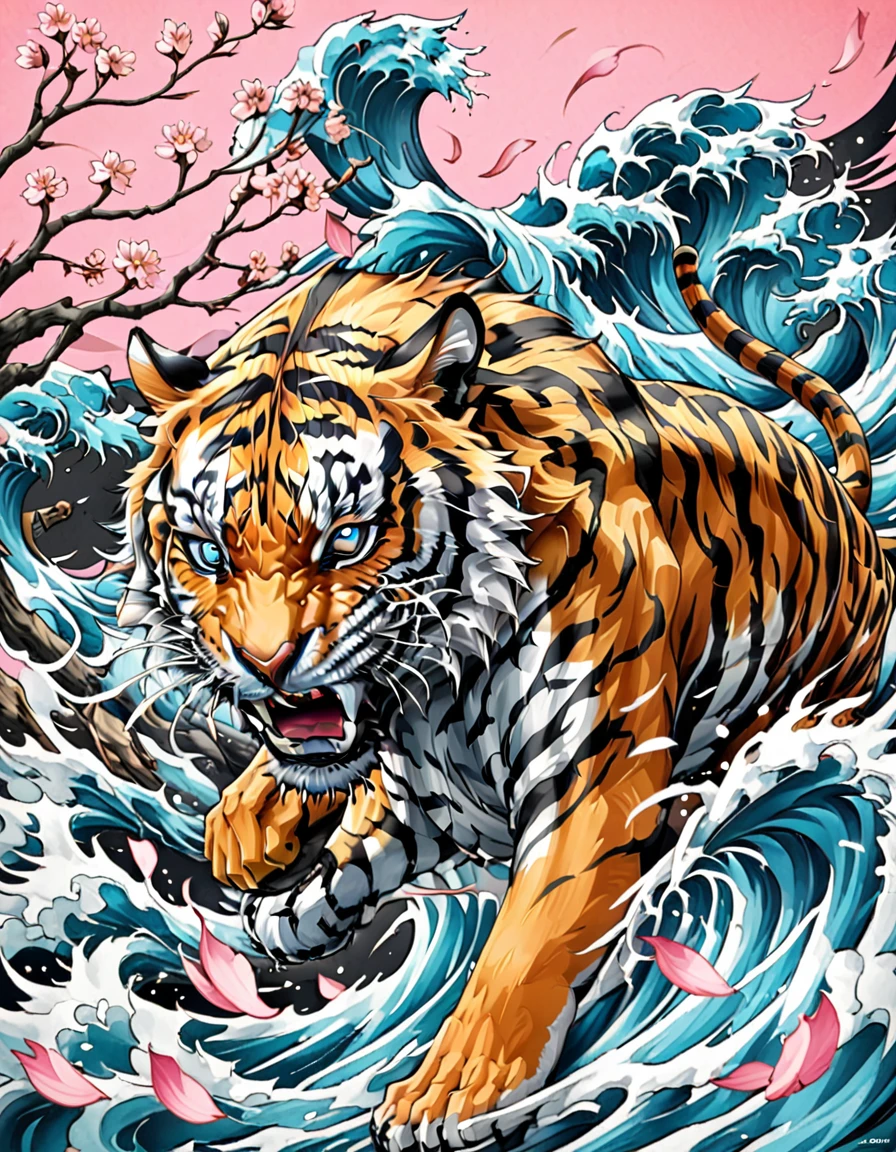 ((solo Tiger)), Traditional Japanese tattoo design, realistic tattoo art of Orange tiger with Blue eyes, he is with open mouth looking very fierce and angry, the background is Japanese wave tattoo with with pink sakura petal effect, (Unity 16K Wallpaper, masterpiece, Best Quality, high quality, Ultra-detailed, extremely details), ((solo Tiger)), Traditional Japanese tattoo design, realistic tattoo art of Orange tiger with Blue eyes, he is with open mouth looking very fierce and angry, the background is Japanese wave tattoo with with pink sakura petal effect,
