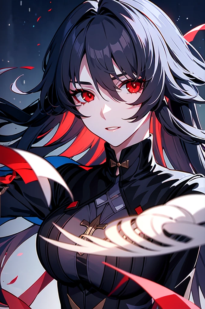 1girl, (solo:1.2), ((masterpiece)), slim, female, pale skin, ((detailed eyes)), (bokeh effect), (dynamic pose), black hair, long hair, black shirt, exterior. bandages, (red eyes), city