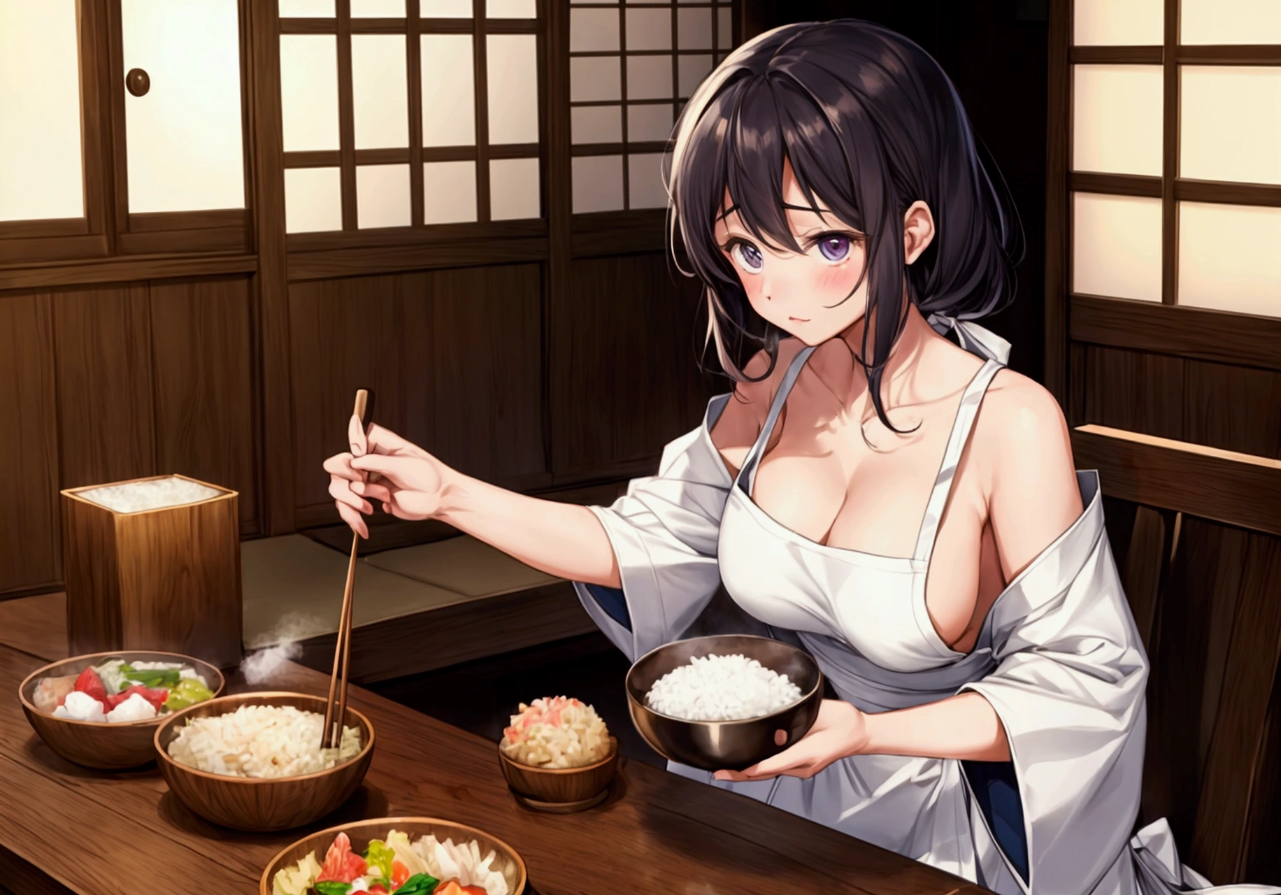 nakedエプロン、A bowl of rice in one hand、A rice scoop in the other hand、&quot;Here you go,&quot; he says, handing me the bowl.、One girl、18-year-old、Large Breasts、very cute、Light Hair Color、Shy expression、naked、Wearing an apron、nakedにエプロンを着けている、Japanese food is on the table、Her Room、living