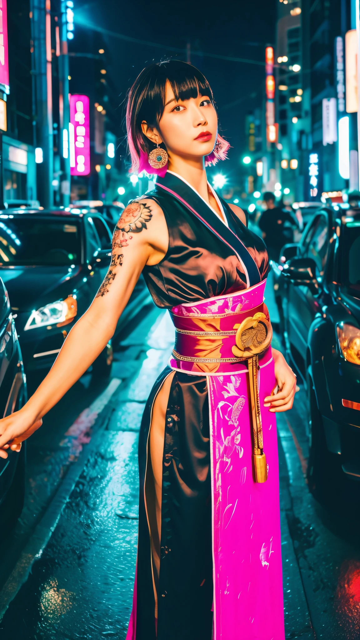 Beautiful Chinese woman, (), cute face, red lips, white moist skin, moles, (under-eye bags),
BREAK,
Feminine body with high athletic ability, Body of a female fitness model, Feminine body with hard tones, (Muscles: 1.2), (Beautiful belly button),
BREAK,
Fighter, Kung Fu fighter, Idol, (Yakuza), (Yakuza),
BREAK,
(Wearing a cute black kimono: 1.3), (Kimono with a lot of exposure), (Stiletto heels, black long boots 1.3), necklace, very large earrings, short length,
BREAK,
Short hair, (Short bob hair), (Bangs: 1.2), (Pink hair: 1.3), (Wavy hair),
BREAK,
(Very large Japanese sword: 1.4), (Holding the handle of a Japanese sword: 1.3), (Fighting: 1.2), (Getting into a fighting stance), (Beautiful blade of a Japanese sword: 1.2)
BREAK,
(Japanese tattoo: 1.4),
BREAK,
Masterpiece, Perfect lighting, Ultra high resolution, 8K, (Highly detailed: 1.4), (From the front), Looking at the camera, Melancholic expression,
BREAK,
(Tokyo city, lots of people in the background: 1.2), Shibuya city background in Tokyo, Japan, (Neon lights: 1.2)