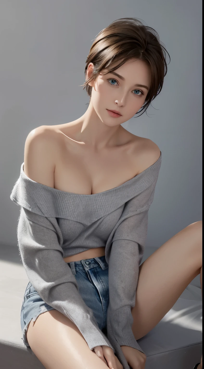 perfection, Soft Light, High Resolution Skins:1.2, Realistic skin texture, 30 years old、whole body,Small Face、No makeup、, Off the shoulder,Bust B cup、Small breasts、 Exposed cleavage, Shorts,Beautiful legs,blue eyes, short hair, Dark brown hair、Full nudity、Gray background、
