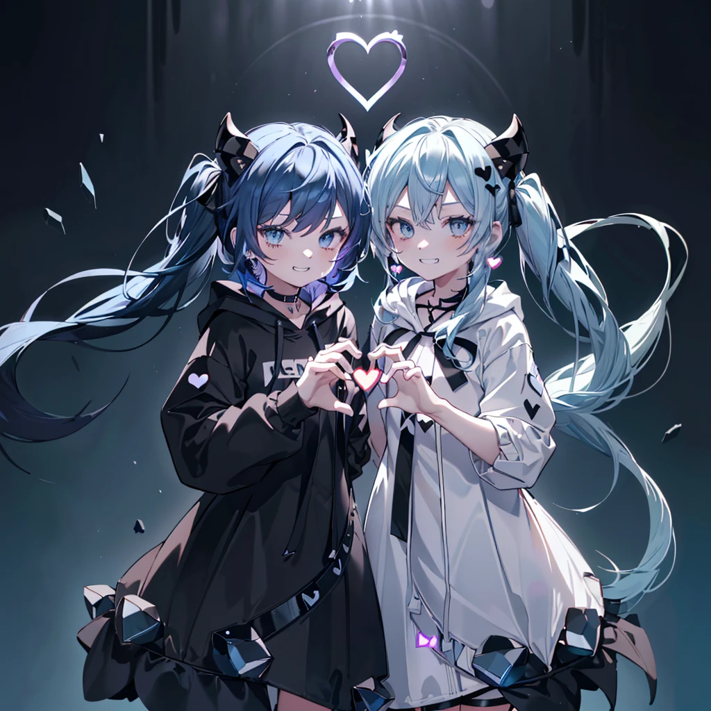 ((((jagged、Open your mouth、Grin　Blue Background　shining heart　front))))　(((Black hoodie　Wearing a hood　Devil horns　heart iris　close　Neon blue hair　Twin tails　Making a heart with both hands)))　((Shiny Earrings　Small black ribbon))　Shining Edges　Shining Background