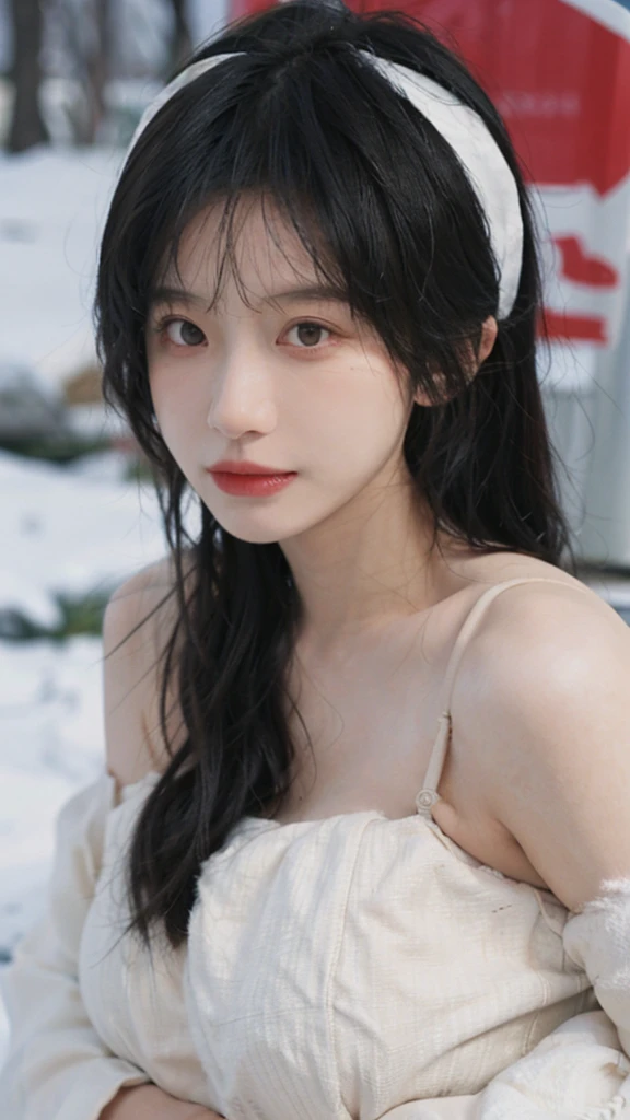 Portrait photography,1 girl,Snow Scene,Snowing background,Push-up non-slip tube top ,(whole body:1.4),Lipstick,(Big Breasts:1.4),Headband,serene,calm,(Realistic and detailed eyes,Natural skin texture,Realistic facial details),