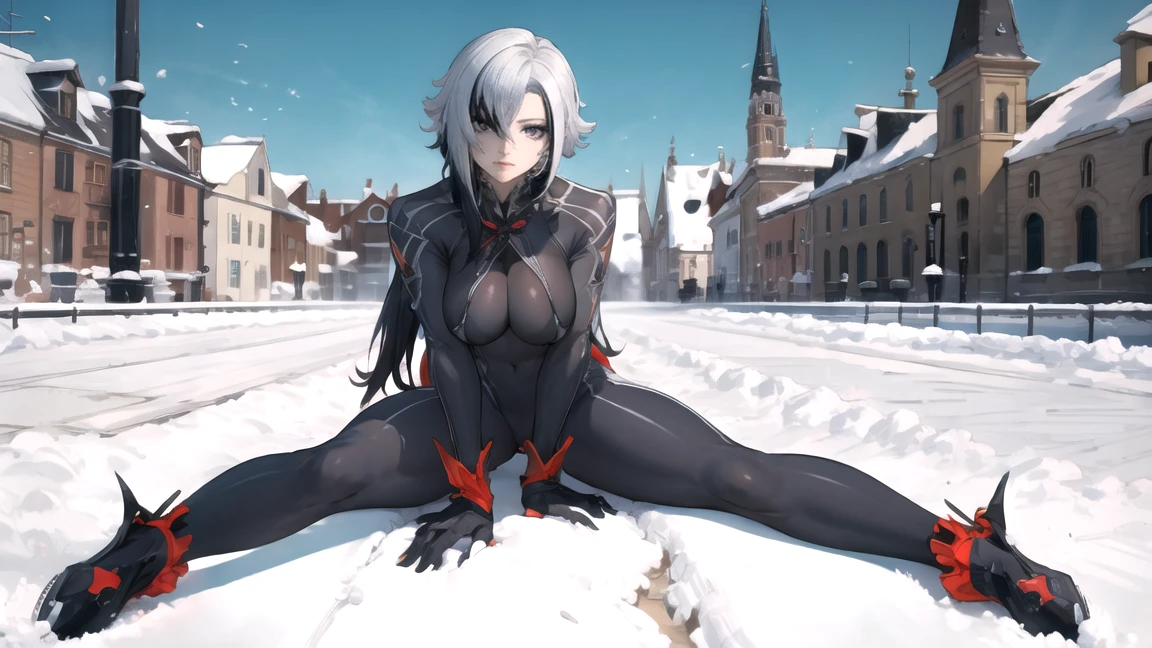 thick outlines, comics, photorealistic, perfect hands, masterpiece:1.2, beautiful figure, red crosses instead of pupils, full length (full body 1.1), кафедральный cathedral, Dark, Gothic, detailed background, snow, cathedral, 1 girl, One, White hair, black hair, multicolored hair, X-shaped pupils, black eyes, Arles_suit, , detailed background, Detailed face, detailed eyes,
