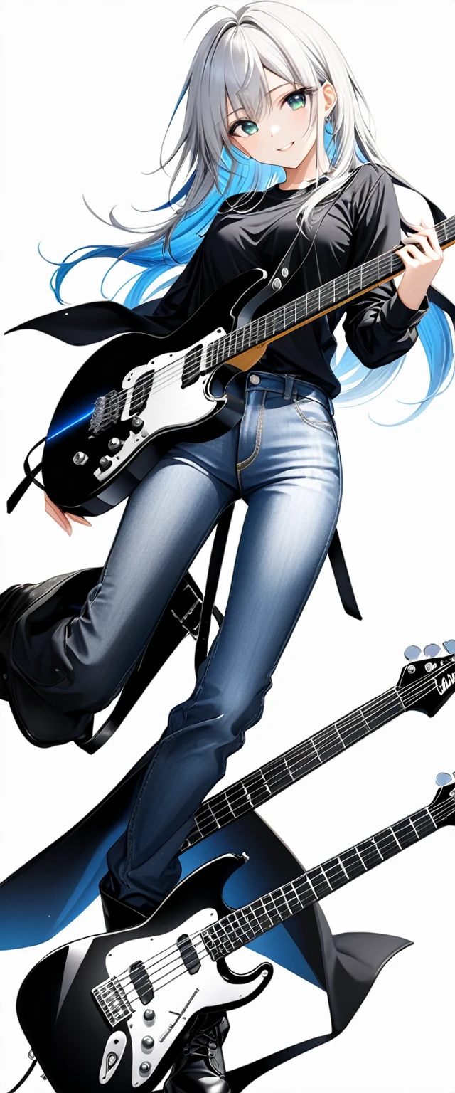 (((White background:1.2)))、(The entire subject is captured:1.5))(((Composition from afar:1.5))),(((full body:1.2))),Masterpiece、Ultra HD、Scandinavian metal girl playing a black electric guitar, Intricate details, Highly detailed eyes, Long silver hair、(Black shirt and jeans)、(((Dynamic pose:1.5)))、Wear black boots、Ultra-detailed image quality、Intense gaze at the camera、Smiling Kindly、Perfect Style、8Head to Body、Playing on stage、Live