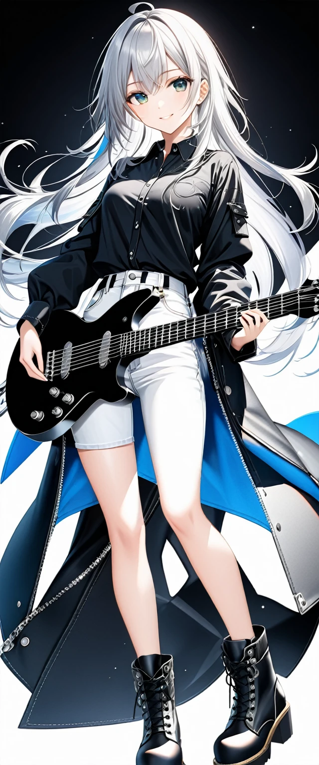 (((White background:1.2)))、(The entire subject is captured:1.5))(((Composition from afar:1.5))),(((full body:1.2))),Masterpiece、Ultra HD、Scandinavian metal girl playing a black electric guitar, Intricate details, Highly detailed eyes, Long silver hair、(Black shirt and jeans)、(((Dynamic pose:1.5)))、Wear black boots、Ultra-detailed image quality、Intense gaze at the camera、Smiling Kindly、Perfect Style、８Head to Body、Playing on stage、Live