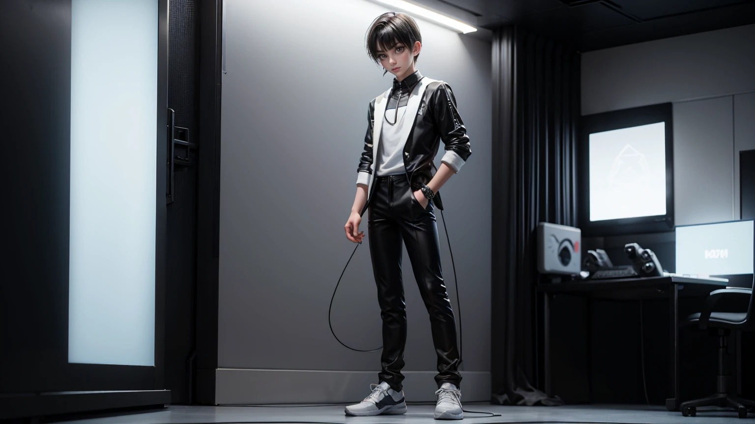 gaming boy , in a pent shirt, , black hairs white dress, , gaming full straight standing pose,14yo student, , Full body, boy, man , games boy, Simple white background,, HD, full body, standing, modern futuristic dress, front view