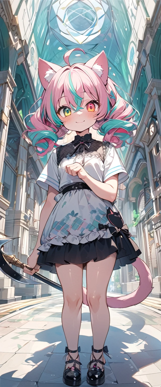 masterpiece, best quality, beautiful, 8K, highres, ,1girl, kemono, delightful, smiling,looking at viewer, medium hair, wave hair, hair between eyes, ahoge,twintails, wavy hair, shiny hair,pastel pink hair,aqua hair,colored inner hair, streaked hair, colored , heterochromia.golden eyes, with sparkling eyes, big eyes, wide-eyed, pale skin, fair skin, shiny skin, detailed skin, pale skin, chibi, short sleeves,slim, frilled clothing, skirt, smaller face, with cat ears, cat tail, cute face, 10-year-old, green background, kawaii, cute, chibi, chibi anime, front view, dynamic angle,paw pose, wide view, wide shot, intense wide shot,golden ratio,architectural photograph,urbanscape,grim reaper,hold on scythe,