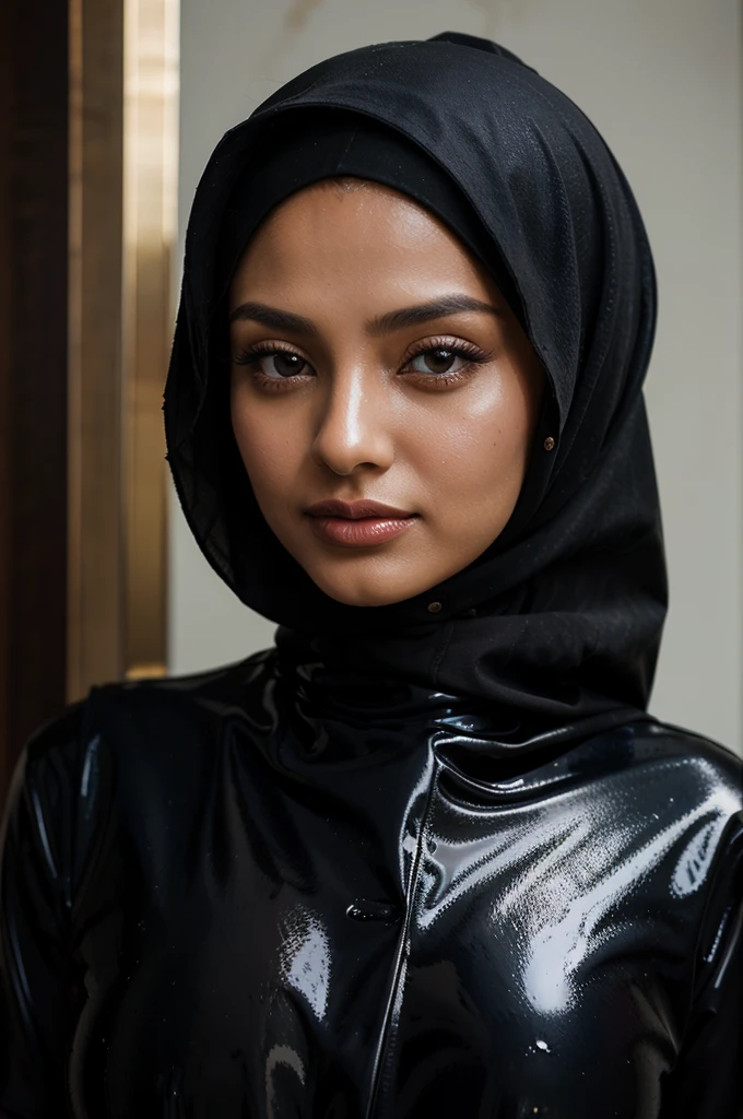 closeup portrait of a Glossy hijabi woman wearing a slick-lacquered blouse and a liquid-lacquered vest