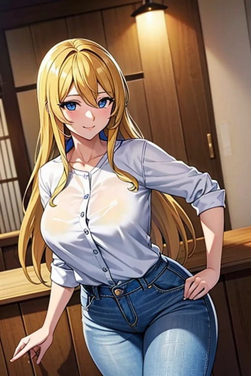 mori yuki、Shiny golden hair, Long Hair, (Beautiful blue eyes)、smile、超Detailed eyes、Highly detailed face, 非常にDetailed eyes,

, Cowboy Shot、
 break (White shirt, Denim pants), 
 Stylish decorations, alone, Curvy Women,   (Detailed eyes:1.2), smile, blush, 