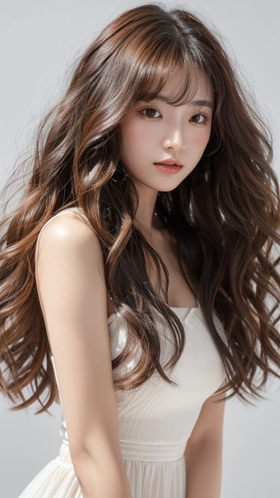 realistic light,natural light,white background,top quality、8 thousand、32,000、masterpiece、UHD:1.2)、photo of korean woman,small eyes,코리안 hippie perm헤어、dark brown hair、upper part of the body、from above、wavy hair,profile,long hair,pair of,wet hair,good hair,multi-layered hair,layer cut hair,perm hair,wave perm,Jelly perm,hippie perm,wavy hair,Abundant hair,wave wave