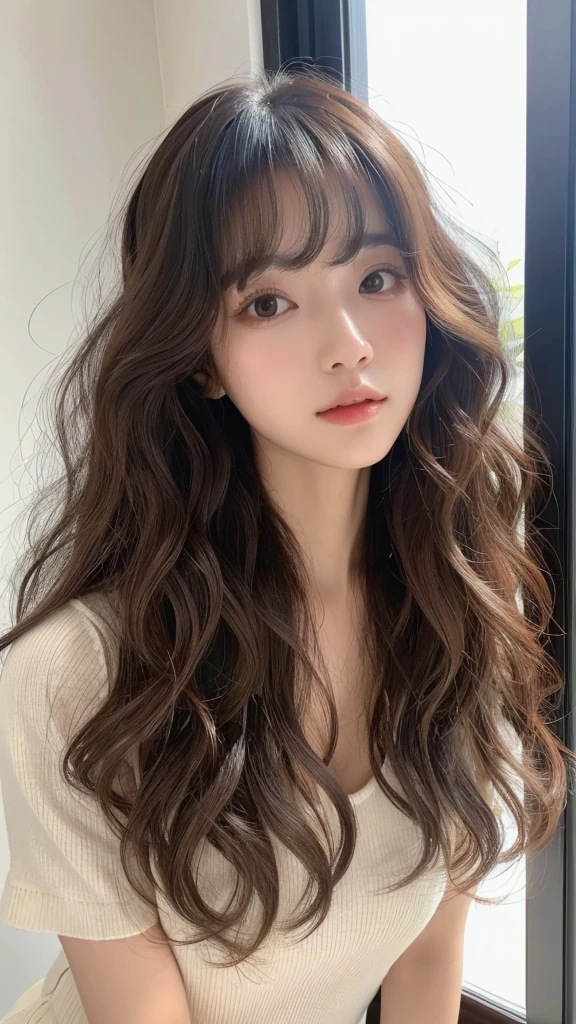 realistic light,natural light,white background,top quality、8 thousand、32,000、masterpiece、UHD:1.2)、photo of korean woman,small eyes,코리안 hippie perm헤어、dark brown hair、upper part of the body、from above、wavy hair,profile,long hair,pair of,wet hair,good hair,multi-layered hair,layer cut hair,perm hair,wave perm,Jelly perm,hippie perm,wavy hair,Abundant hair,wave wave