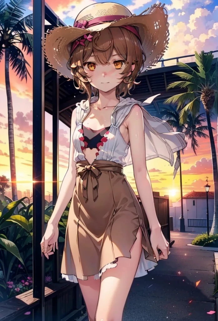 Lililukarde, Liliruka gets burned, , (Brown eyes:1.7), Brown Hair, (Flat Chest:1.2), smile,blush,Straw hat short hair,Brown sleeveless dress,Brown long skirt,Heeled Sandals,Walking,sunset,evening,The sun is setting,whole bodyがイラストに入るように,
break looking at viewer,whole body, (Cowboy Shot:1. 5)
break outdoors, Building district,Palm tree,Tropical,
break (masterpiece:1.2), Highest quality, High resolution, unity 8k wallpaper, (figure:0.8), (Beautiful attention to detail:1.6), Highly detailed face, Perfect lighting, Highly detailed CG, (Perfect hands, Perfect Anatomy),