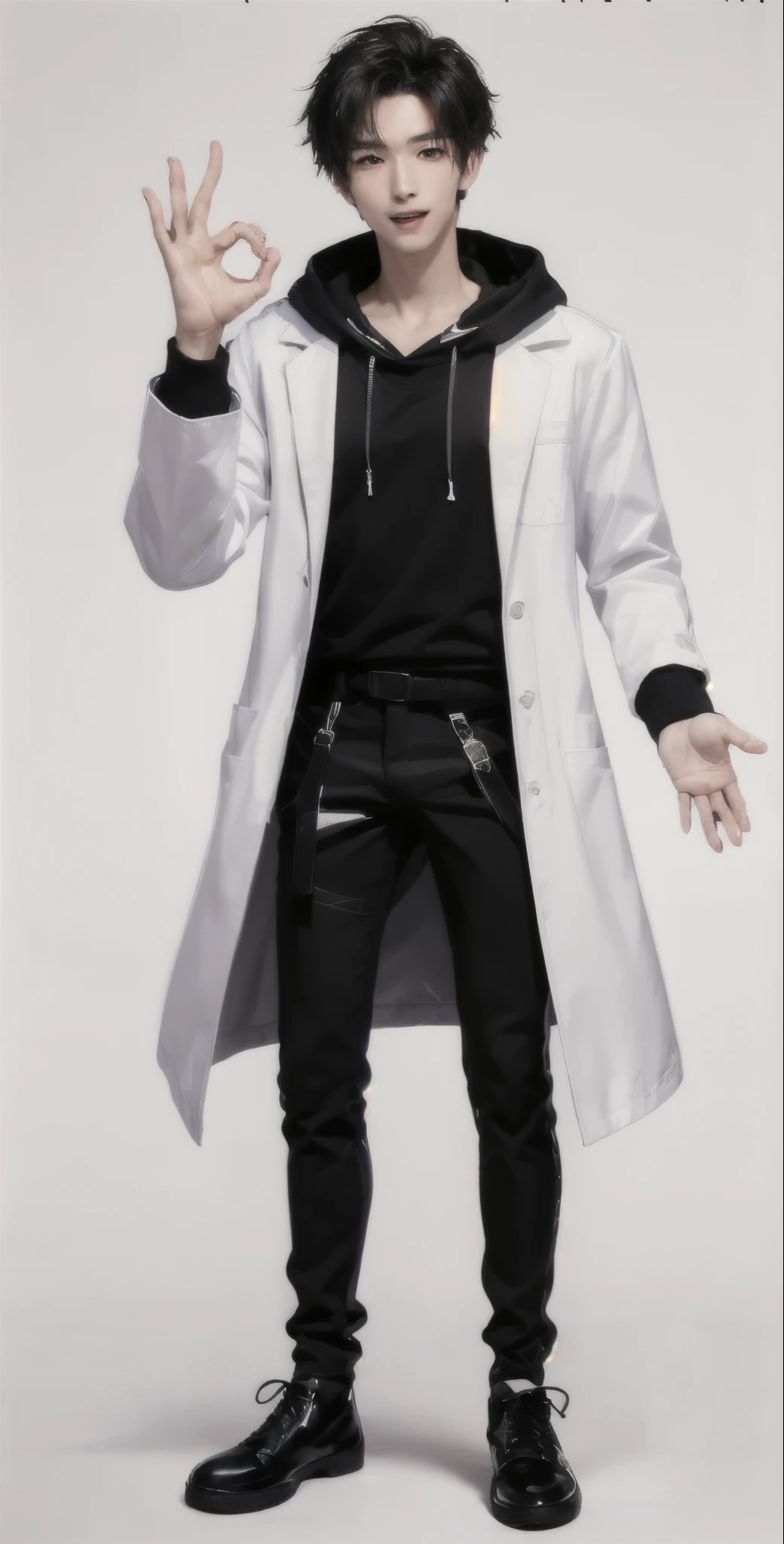 (OK Sign.:1.4),(photorealistic:1.2), (high detail face:1.3), (high detail hands:1.3), (anatomically correct hands:1.2), handsome young asian man, Japanese idol style, short clean-cut hair, ((center part)), (crisp white lab coat:1.3), ((black hoodie underneath:1.2)), (black pants:1.2), (black shoes:1.2), (enthusiastic expression:1.3), ((explain pose:1.4)), (both arms raised:1.3), (clenched fists:1.3), (energetic stance:1.2), plain white background, mid-shot portrait, full body view, high quality, detailed, 8K, (realistic skin texture:1.2), (sharp focus:1.1), (contrast between white coat and black clothing:1.2)