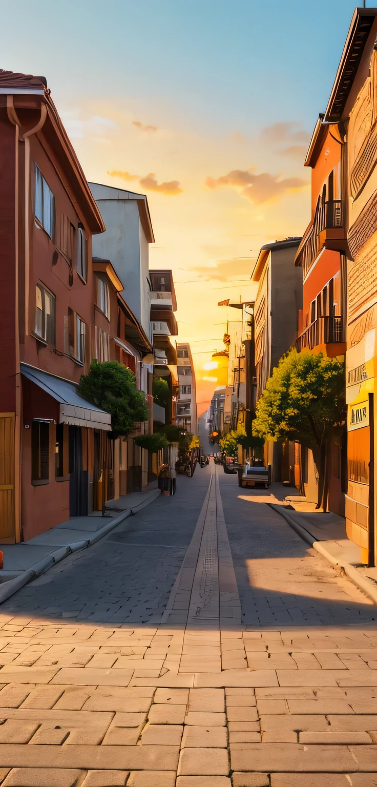background,Streetscape,street,sunset,warm color,from the front,Colored pencil tone