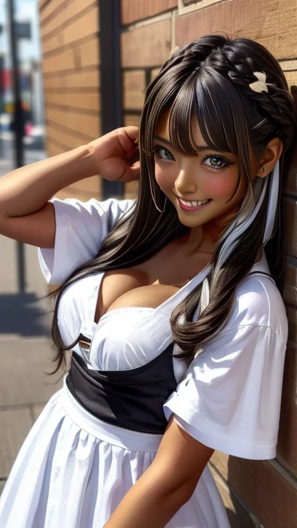 one girl, (((smile)))、Maid、Beautiful breasts、 Brown eyes, ((Gal Hairstyles)) Black Hair、girl, (Eye and facial details:1.0), break, (masterpiece, Highest quality, Very detailed, Detailed face, 8k)