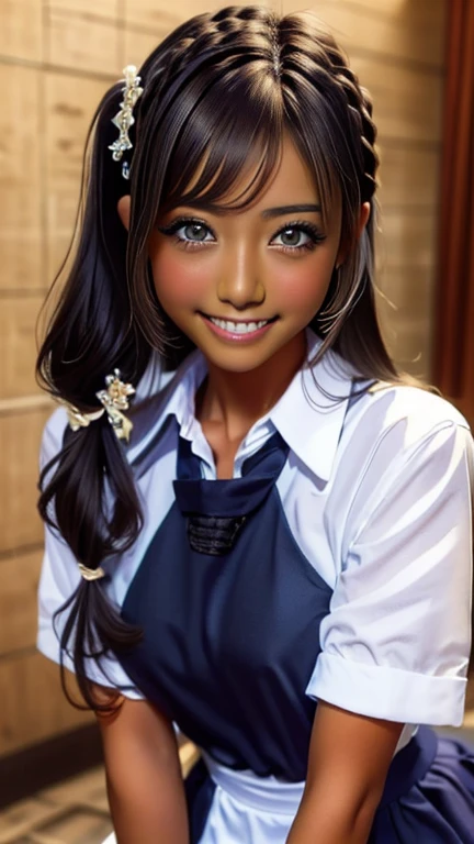 one girl, (((smile)))、Maid、Beautiful breasts、 Brown eyes, ((Gal Hairstyles)) Black Hair、girl, (Eye and facial details:1.0), break, (masterpiece, Highest quality, Very detailed, Detailed face, 8k)