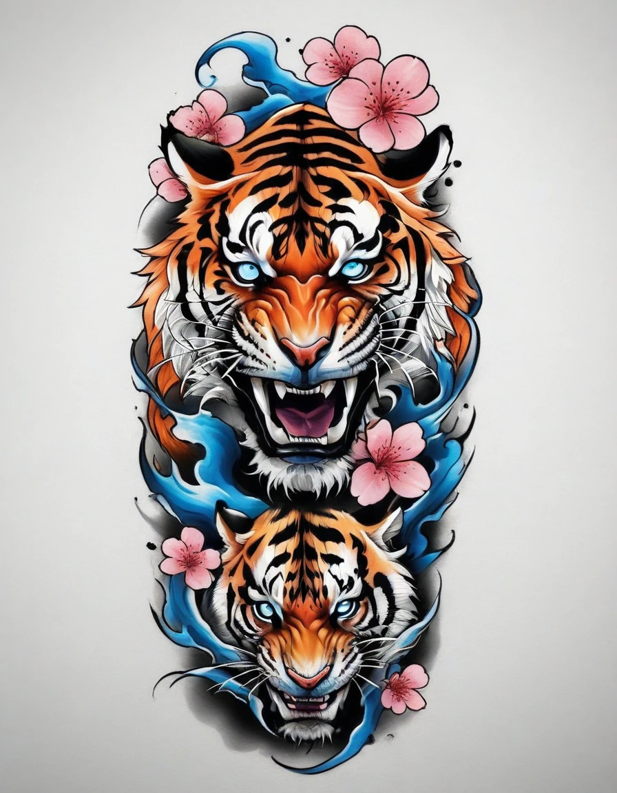 ((solo Tiger)), Traditional Japanese tattoo design, realistic tattoo art of Orange tiger with Blue eyes, he is with open mouth looking very fierce and angry, the background is Japanese wave tattoo with with pink sakura petal effect, (Unity 16K Wallpaper, masterpiece, Best Quality, high quality, Ultra-detailed, extremely details), ((solo Tiger)), Traditional Japanese tattoo design, realistic tattoo art of Orange tiger with Blue eyes, he is with open mouth looking very fierce and angry, the background is Japanese wave tattoo with with pink sakura petal effect,
