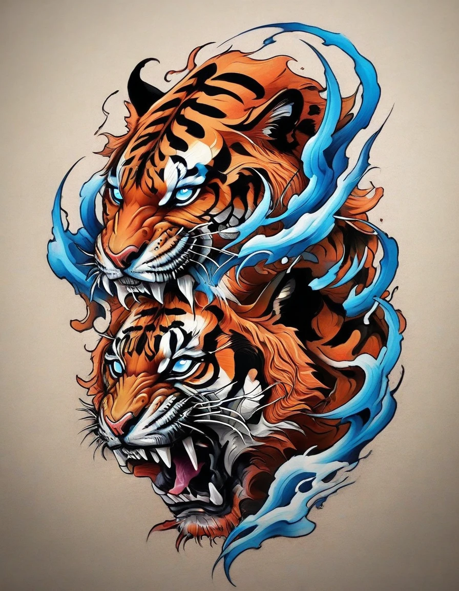 ((solo Tiger)), Traditional Japanese tattoo design, realistic tattoo art of Orange tiger with Blue eyes, he is with open mouth looking very fierce and angry, the background is Japanese wave tattoo with with pink sakura petal effect, (Unity 16K Wallpaper, masterpiece, Best Quality, high quality, Ultra-detailed, extremely details), ((solo Tiger)), Traditional Japanese tattoo design, realistic tattoo art of Orange tiger with Blue eyes, he is with open mouth looking very fierce and angry, the background is Japanese wave tattoo with with pink sakura petal effect,
