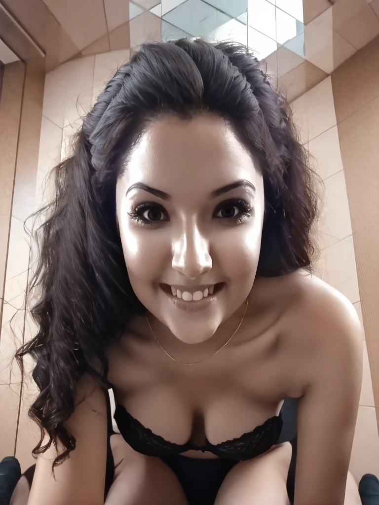 (From a birds-eye, above perspective), 1girl, high quality, high resolution, 4k, thin, 25 year old, solo, June, JuReis, in sexy lingerie, eyes looking up, lips, realistic, nose, flirting with camera, kneeling in a fitting room, looking seductively at viewer