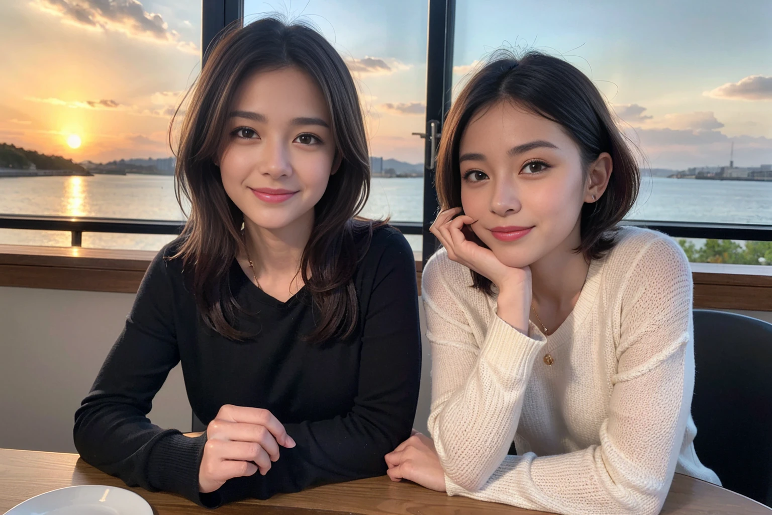 （Realistic:1.2）,(masterpiece,Highest quality)，8k,((men and women)),Age 35,37 years old、最高のsmile、Happy couple, Full course dinner at the table、wine 、wineグラス、白wine、スパークリングwine、赤wine、Upper Body、Tight waist,Perfect ???????, Brown Hair, short hair,Random Hairstyles,Amazing view of the sunset sky and clouds、Long sleeve shirt、dress,((Highly detailed face and eyes:1.2))(Cute Face:1.4)，Beautiful actress face，Perfect golden ratio face，woman&#39;suit、Nice,(smile:1.2)、