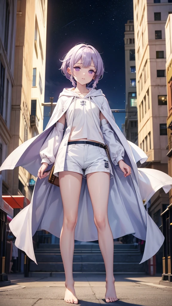 Girl with white short hair and double braids,Purple Eyes,Put on a hood,White Robe,small shorts,Bare Legs,barefoot,Standing,City