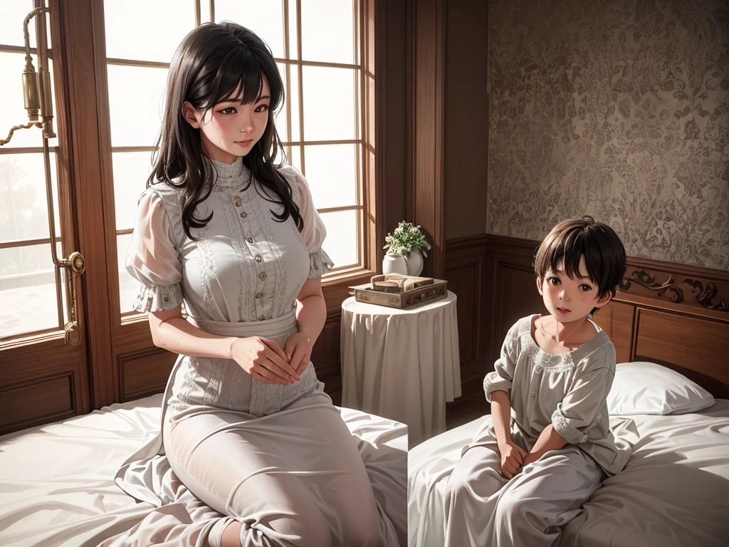 Better Quality、Ultra-detailed、Raw work、Realistic、Real photo、Mother and her 11 year old son, Similar people, Ama, Perfect hands、Finger details、Beautiful and fine details, room, shy, Until then, Wet,