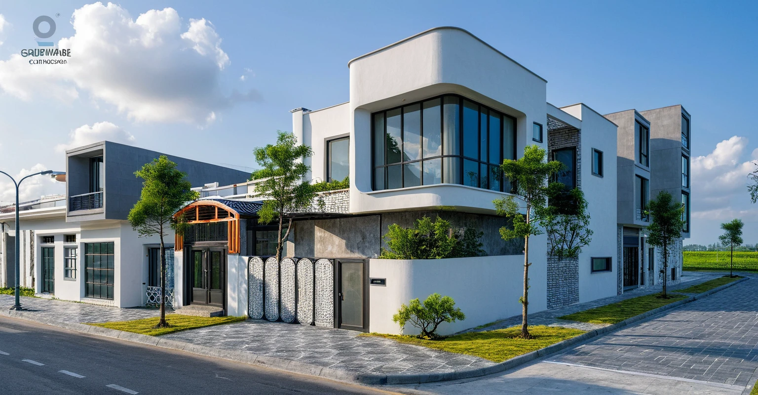 Raw photo, masterpiece, high quality, best quality, realistic, super detailed, outdoor, " 2-storey house " , modern Mezzanine house style, (white wall), curved wall facade, aluminum interior door glass, curved planter, gray tiled accent wall, gray iron box exterior gate, road, sidewalk, grass, trees, sky, clouds, (daylight):1.1)
